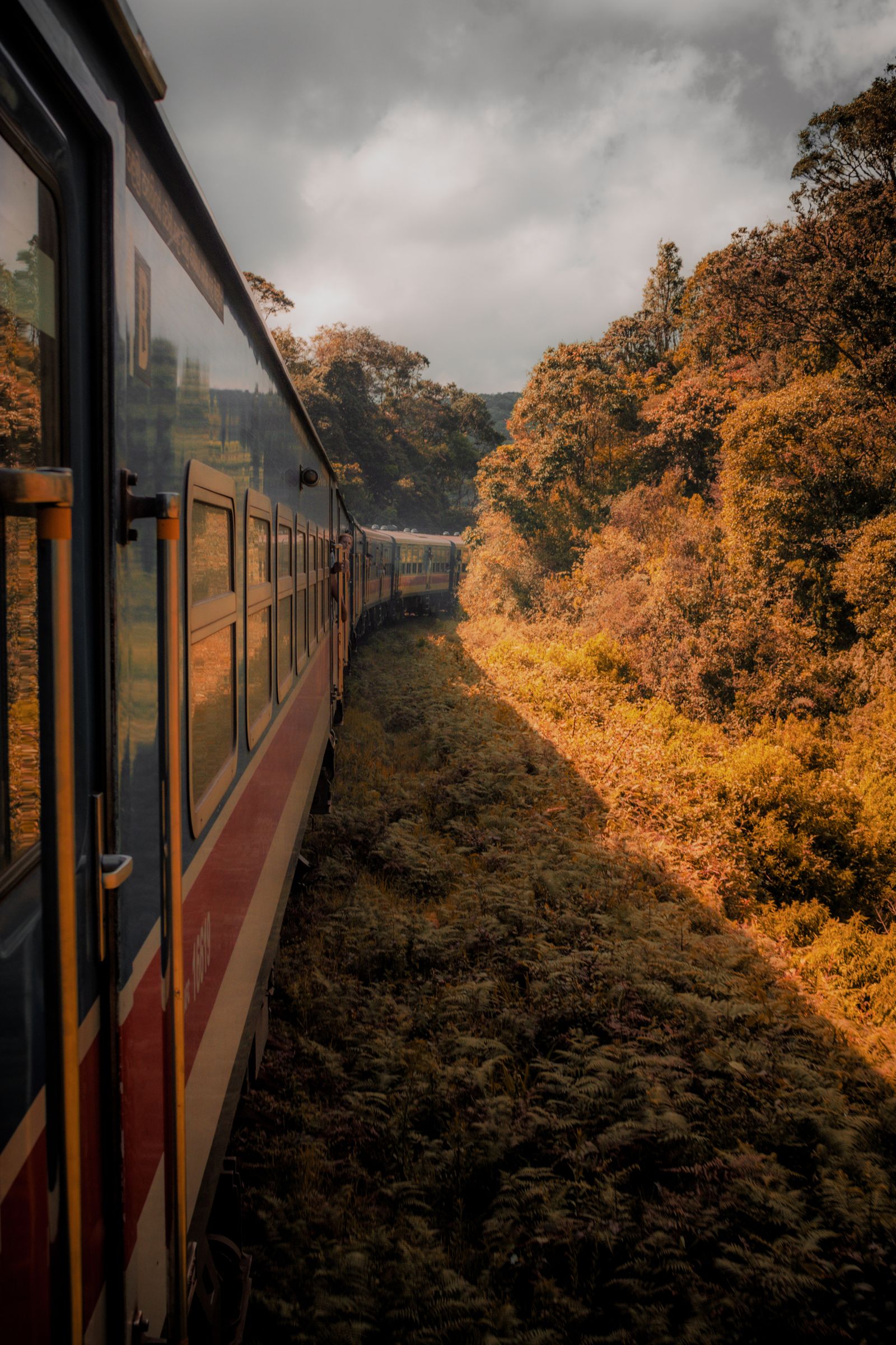 Scenic passenger train curving through lush hills near Ella, Sri Lanka